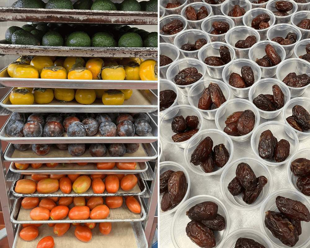 Two side by side images: on the left is several food trays stacked on a shelf, filled with colorful avoacados, persimmons, plums, and more. On the right is a close up of a bunch of cups with medjool dates in them.