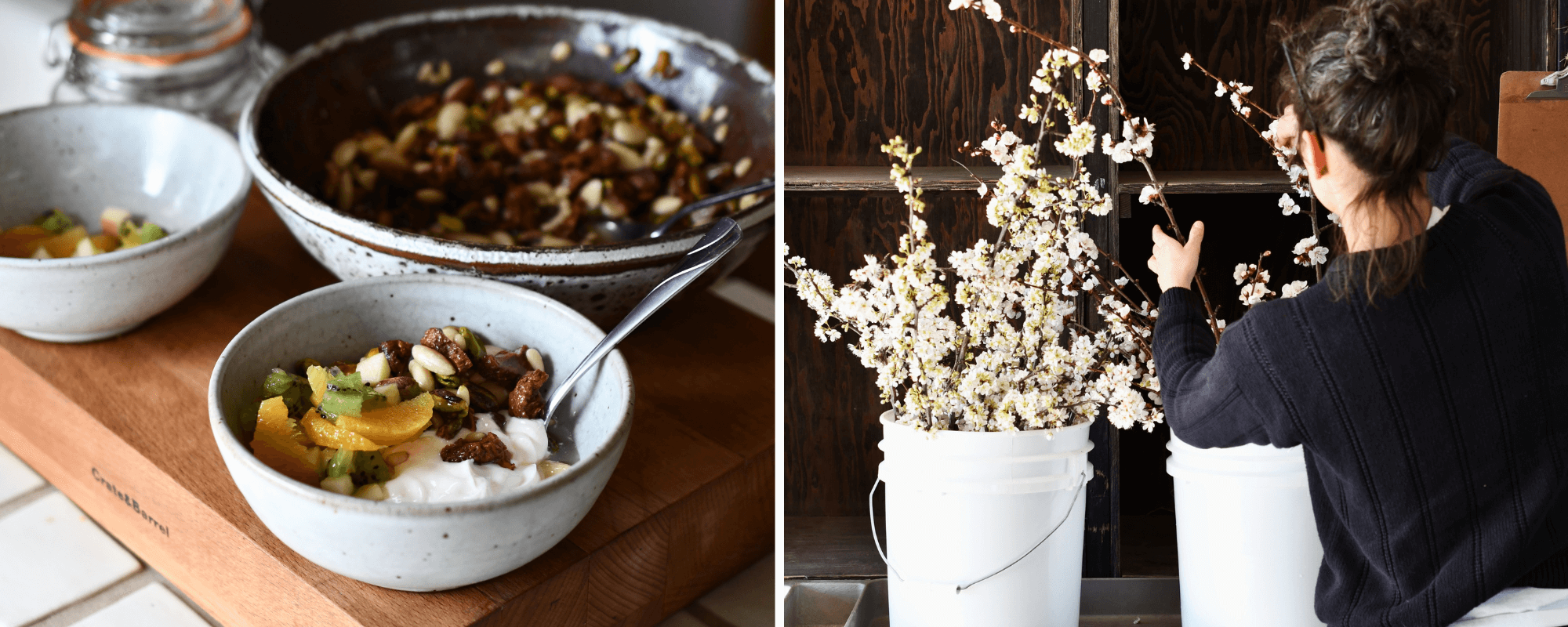 yogurt w mixed fruit and nuts & buckets of stone fruit blossoms