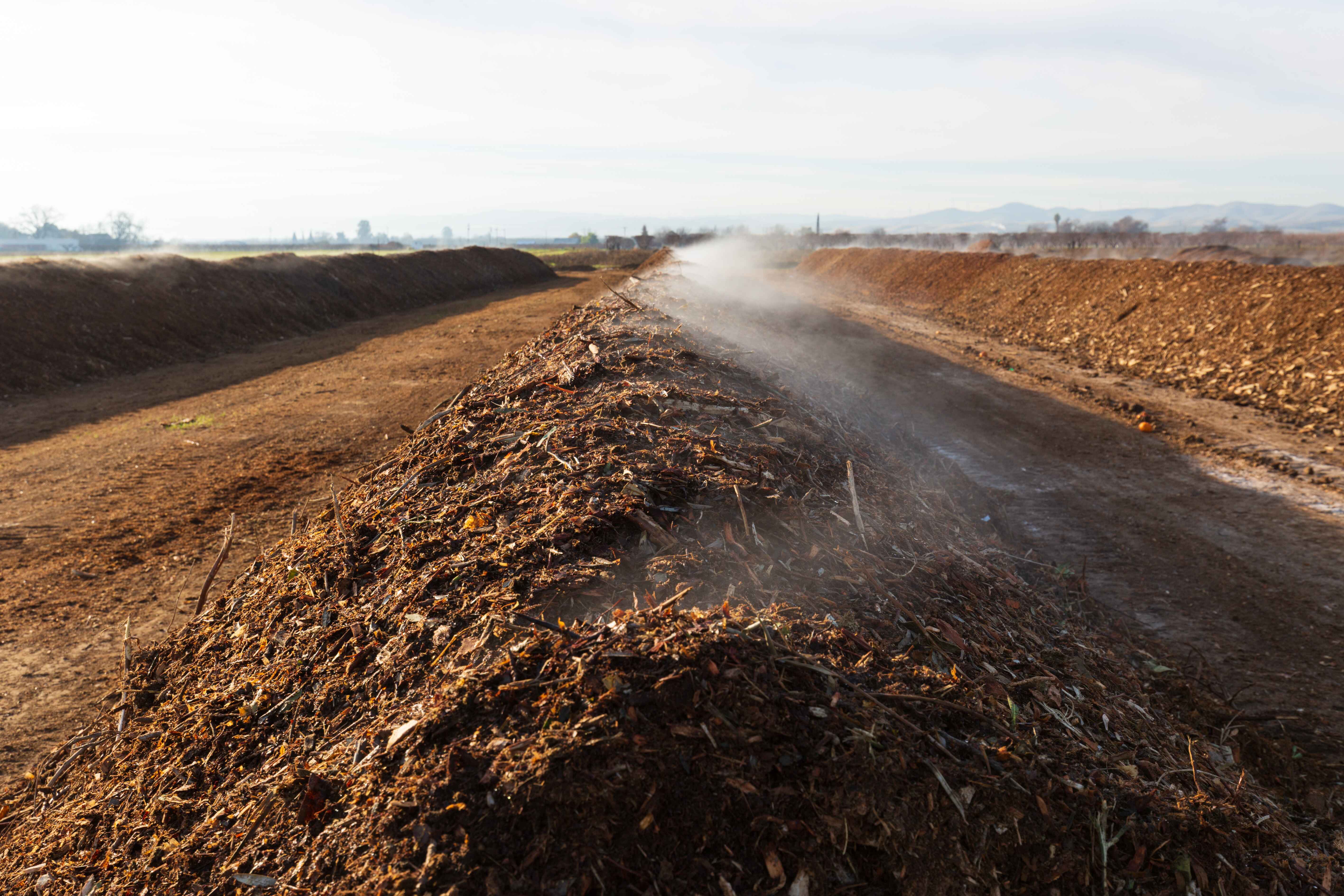 An image of a large brown compost pile, with steam coming off of the pile.