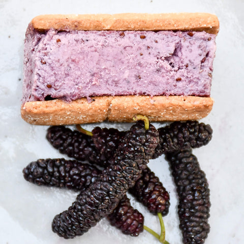 A close up image of an ice cream sandwhich with a tan cookie shell and purple ice cream in the center, surrounded by fresh juicy mulberries.
