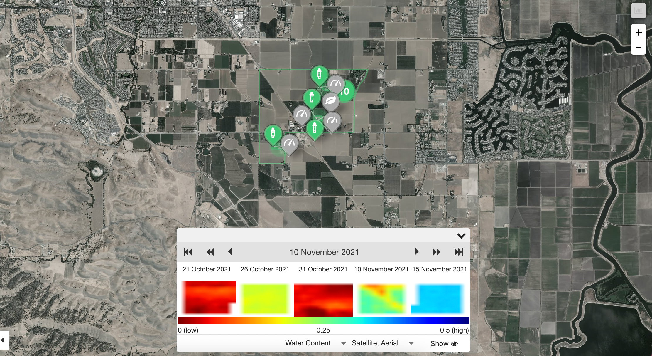 Screenshot of our online data dashboard showing water content in the soil by orchard