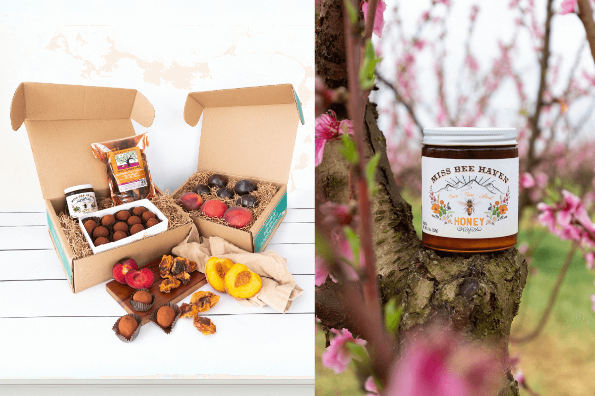 Two images side by side: On the left it a gift box with honey, fruit, and chocolates. On the right is a close up of a jar of honey with a blossoming tree in the background.