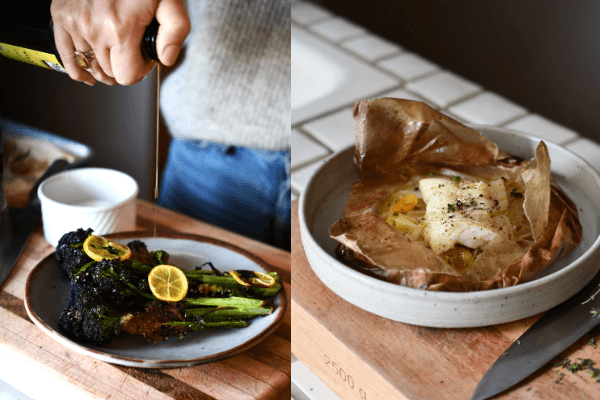 Two side by side image: On the left is a close up of roasted veggies with someone drizzling olive oil over it. On the right is a close up of a dish of baked cod.
