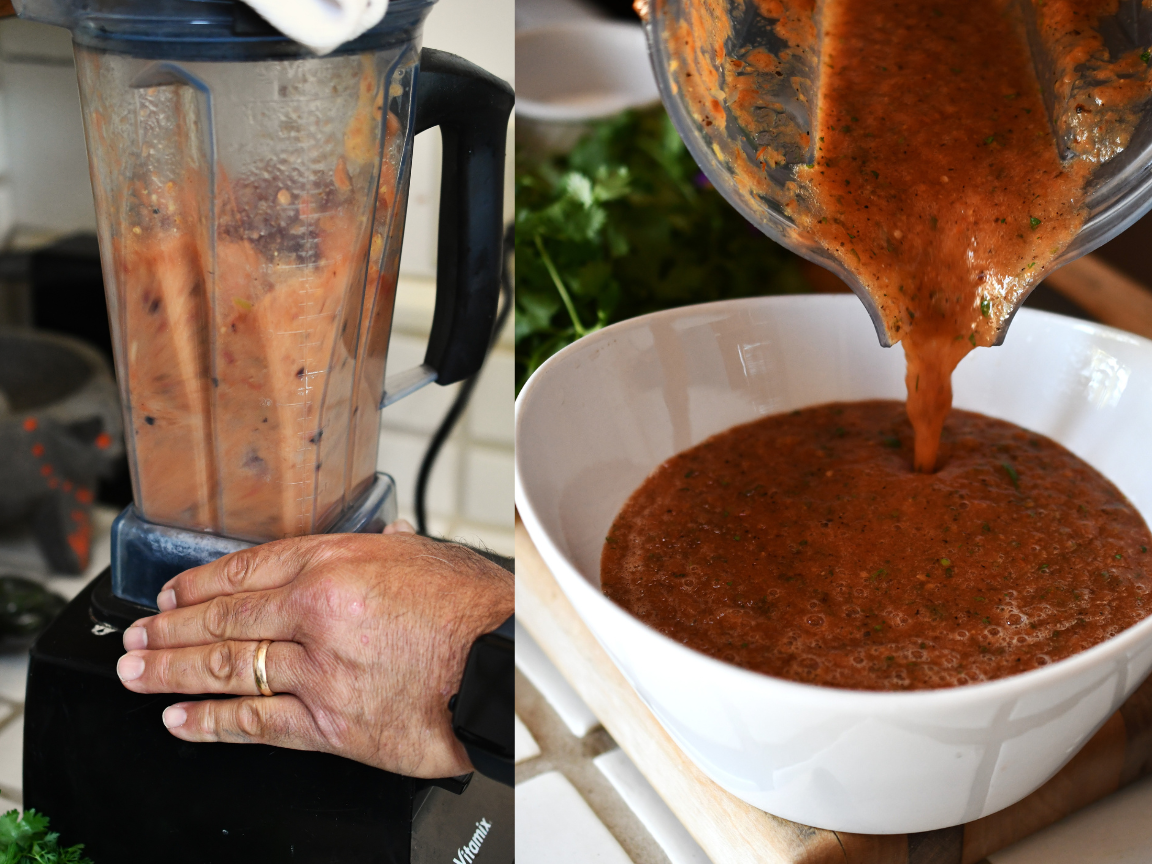 Two side by side images: The one on the left is a close up of a blender filled with salsa. The one on the right is a close up of a white bowl filled with vibrant red salsa.