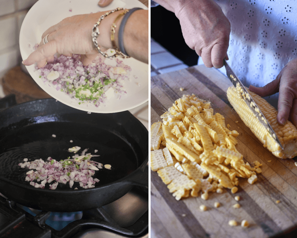 Two side by side images: the left of a cast iron pan filled with garlic and red onion bits, and the right of corn being cut on a cutting board.